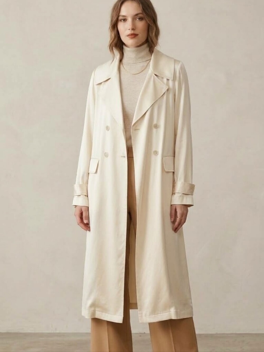 Something Navy NWT Women's S Ivory Grand Lapel Satin Long Trench Coat *FLAWS*